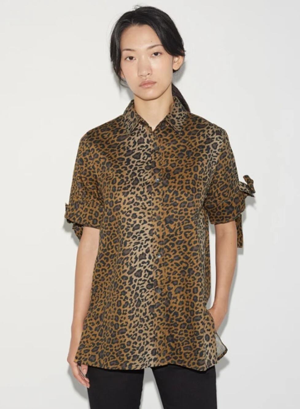 HOPE Dada Shirt Leopard Print Cotton Voluminous Bows on Sleeves Button Down 38/M